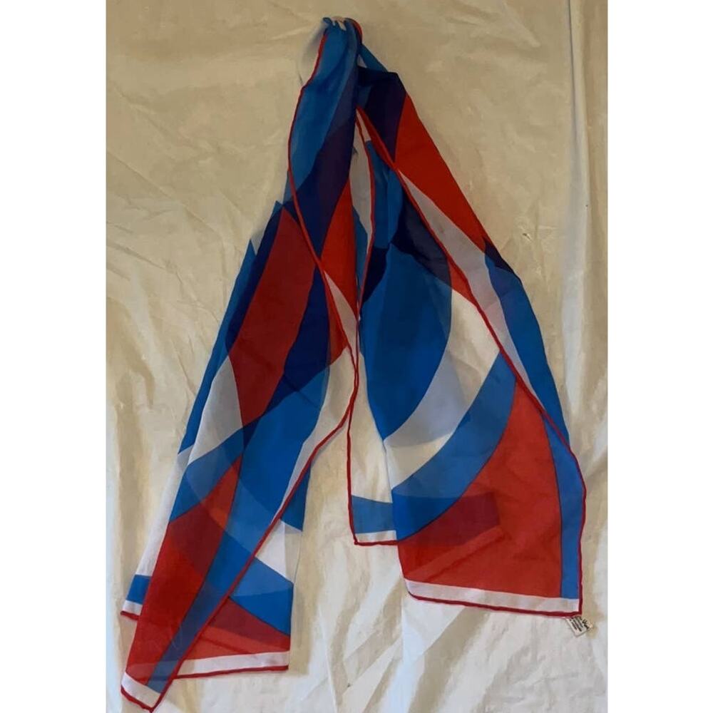Vintage VERA Neumann Scarf ~ Signed ~ Semi Sheer ~ Made in Japan ~ Red & Blue - Picture 2 of 9